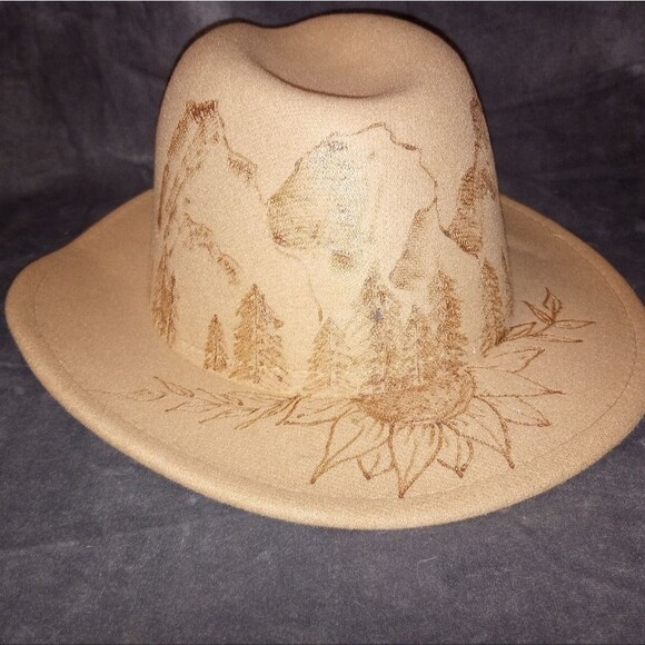 Hand Drawn Hand Burned Mountains and Sunflowers Tan Wide Brim Fedora Hat - Picture 9 of 9